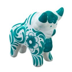 Pucara's Turquoise Protector,'Traditional Turquoise Ceramic Bull Sculpture from Pucara'