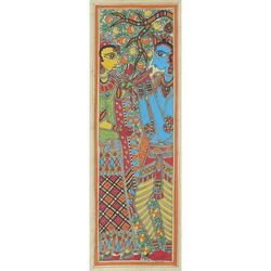 Celestial Lovers,'Original Freehand Madhubani Painting of Krishna and Radha'