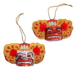 Barong Royalty,'Handmade White and Red Albesia Wood Balinese Ornaments'