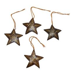 Bright Lights in the Sky,'Set of 4 Handmade Brown Coconut Shell Star Ornaments'