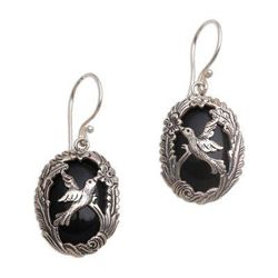 'Onyx and 925 Silver Bird-Themed Dangle Earrings from Bali'