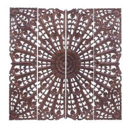 Modern Lotus,'Hand Carved Teak Wood Relief Panels (Set of 4)'