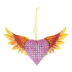 'Hand-Painted Copal Wood Winged Heart Ornament in Yellow'