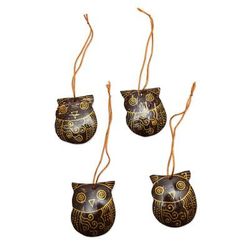 Watchful Owls,'Set of Javanese Handmade Coconut Shell Owl Figure Ornaments'