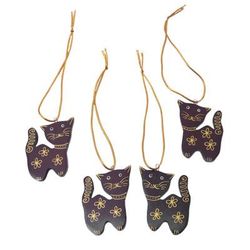 Sweet Felines,'Set of 4 Mahogany Wood Cat Ornaments from Bali'