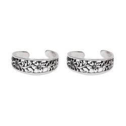 Floral Trellis,'Floral Openwork Sterling Silver Toe Rings from India (Pair)'