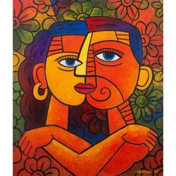 Kiss You,'Cubist Acrylic Figure Painting from Java'