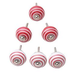 Red Essence,'Set of Six Handcrafted Striped Red and White Ceramic Knobs'