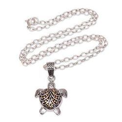 Sea Turtle Magic,'Sea Turtle Gold Accented Sterling Silver Pendant Necklace'