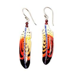 Courage Feathers,'Handcrafted Red Feather Dangle Earrings with Garnet Beads'
