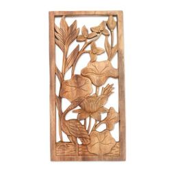 Heron Pond,'Heron Lilies and Lotus Wall Relief Panel in Hand Carved Wood'