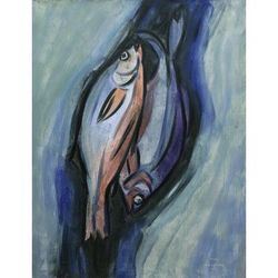 Fishes,'Signed Expressionist Painting of Two Fish from Bali'