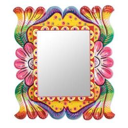 Guatemalan Reflection,'Bright Hand Carved Wood Framed Wall Mirror from Guatemala'