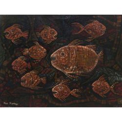Twilight Pirhanas,'Signed Modern Piranha Painting from Indonesia'