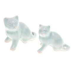 Cat Allure,'Pair of Celadon Ceramic Cat Figurines Handmade in Thailand'