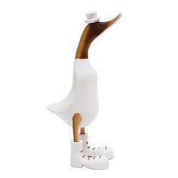 White Dapper Duck,'Bamboo Root and Wood Duck Sculpture in White from Bali'
