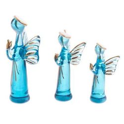 Reverent Angels in Blue,'Blue Glass Gilded Angel Figurines from Peru (Set of 3)'