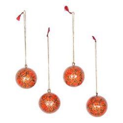 Fiery Blossoms,'Floral Papier Mache Ornaments in Orange (Set of 4)'