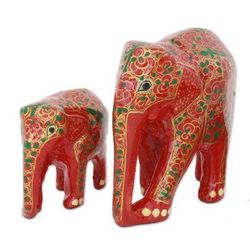 Maternal Glow,'Set of Two Indian Painted Floral Wood Elephant Sculptures'