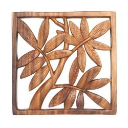 Bamboo Leaves,'Bamboo Motif Hand Carved Wood Relief Panel'