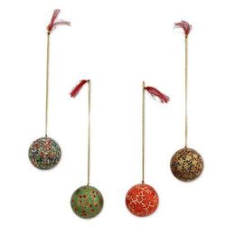 Alluring Baubles,'Set of Four Round Colorful Papier Mache Ornaments from India'