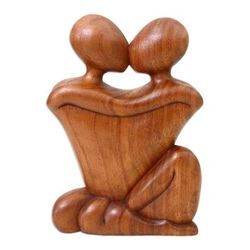 Wood sculpture, 'Kissing' - Romantic Wood Sculpture