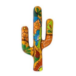 'Hand-Painted Cactus Talavera-Style Ceramic Wall Sculpture'