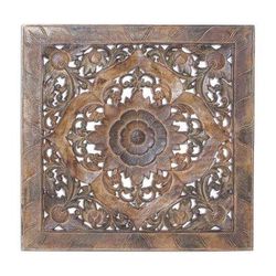 Floral Symmetry,'Floral Teak Wood Relief Panel in Rustic Brown from Thailand'