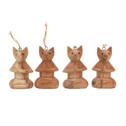 'Set of 4 Hand-Carved Jempinis Wood Cat Ornaments from Bali'