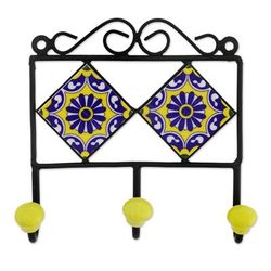 Royal Blossoms,'Painted Floral Ceramic Coat Rack in Yellow from India'