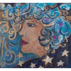 Woman Above the Stars,'Original Expressionist Portrait Painting'