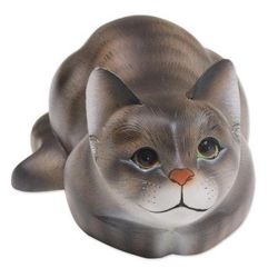 Resting Kitty,'Resting Wood Cat Sculpture in Grey and White from Bali'
