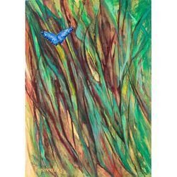 Grassland with Butterfly,'Acrylic and Dyes on Paper Expressionist Butterfly Painting'