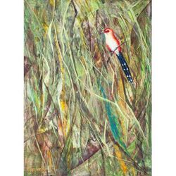 Bird in Green Nature,'Acrylic & Natural Dyes on Paper Painting of A Bird in Nature'