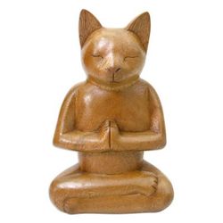 'Cat in Deep Meditation' - Wood Cat Sculpture from Indonesia