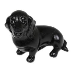 'Hand-Painted Wood Figurine of Stretching Black Dachshund'