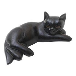 Slinky Feline in Black,'Suar Wood Black Cat Statuette'