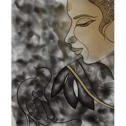 'Peaceful Buddha' Golden Buddha Painting on Black and Grey