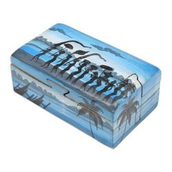 'Painted Melasti-Inspired Suar Wood Decorative Box in Blue'