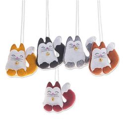 Colorful Meows,'Set of Five Handcrafted Felt Cat Ornaments with Golden Bells'