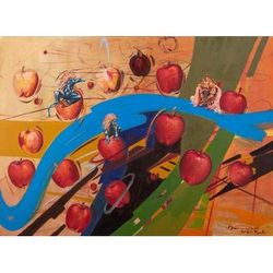 Dancing Between Apples,'Oil Painting on Canvas with Fruit Motif'