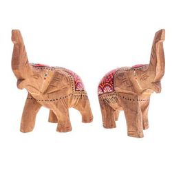 'Set of 2 Hand-Carved Wood Elephant Sculptures with Red Tone'