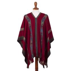 Sallac Artistry,'Backstrap Handwoven Baby Alpaca Poncho in Ruby Red'
