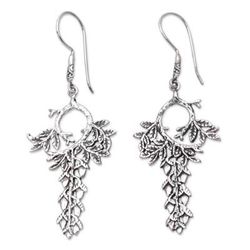 Seed Garden,'Leaf and Buds Sterling Silver Dangle Earrings from Bali'