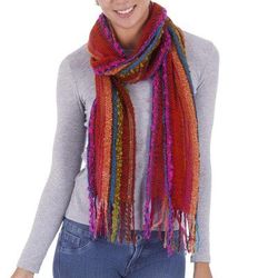Bohemian Rainbow,'Hand Woven Alpaca Blend Striped Multicolored Scarf from Peru'