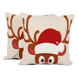 'Reindeer-Themed Cotton Cushion Covers from India (Pair)'