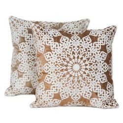 Floral Greetings,'Hand Embroidered Polyester Velvet Cushion Covers (Pair)'