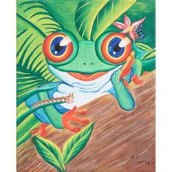 Frog,'Signed Stretched Acrylic Naif Painting in a Vibrant Palette'