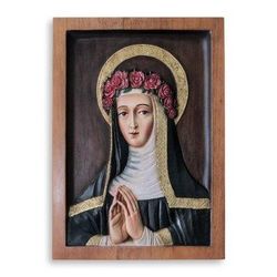 Cedar relief panel, 'Saint Rose of Lima'