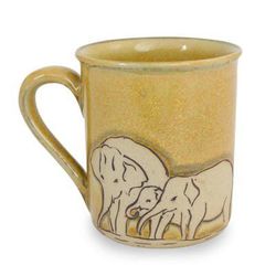 Celadon ceramic mug, 'Yellow Elephant Family'